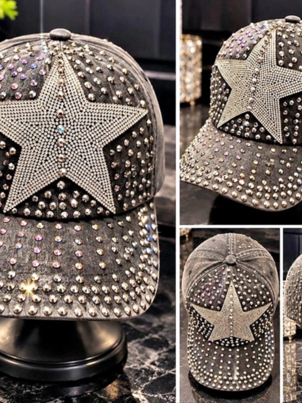 Rhinestone Star Baseball Cap in Black & Silver
